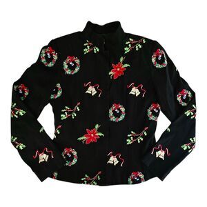 Vtg 90's Christmas Blazer Jacket Women 6 Black Embroidered Wreaths Holly Bells